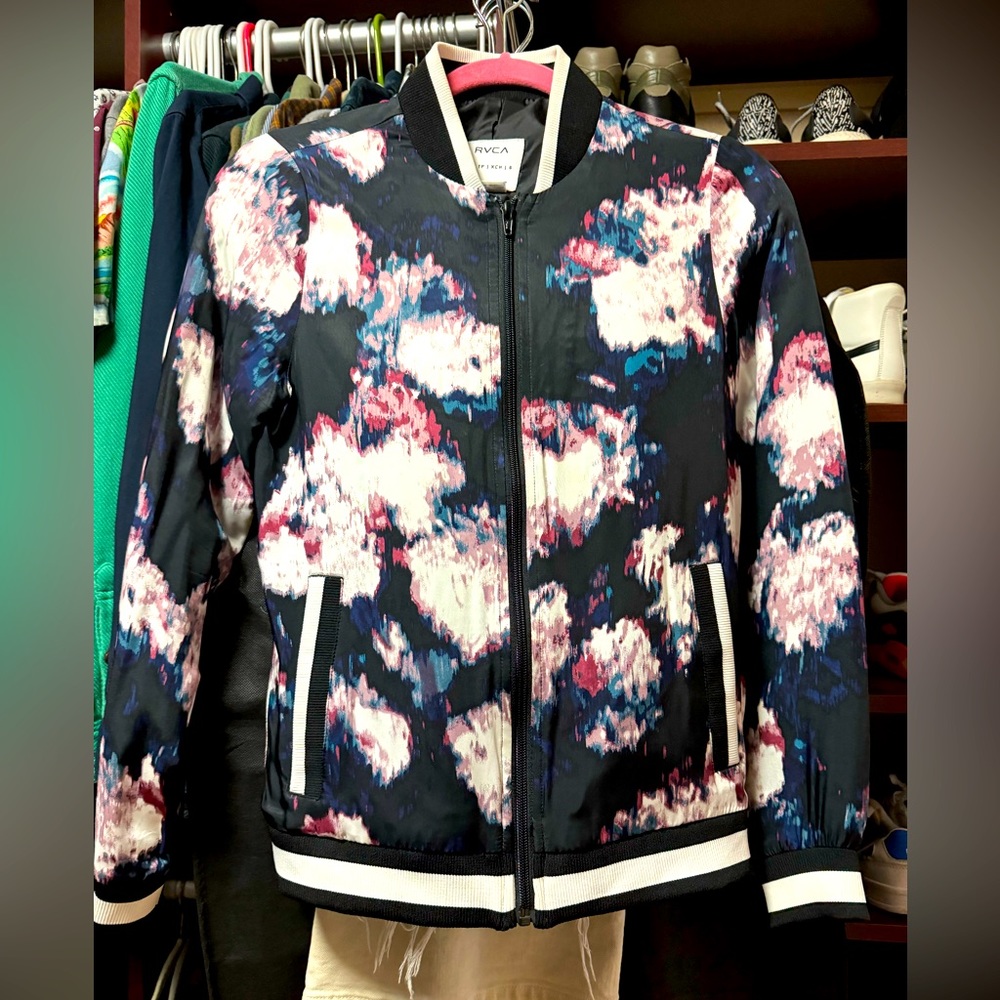 RVCA Women’s track varsity jacket- such a cool print. Size XS. Fits like  XS/s
